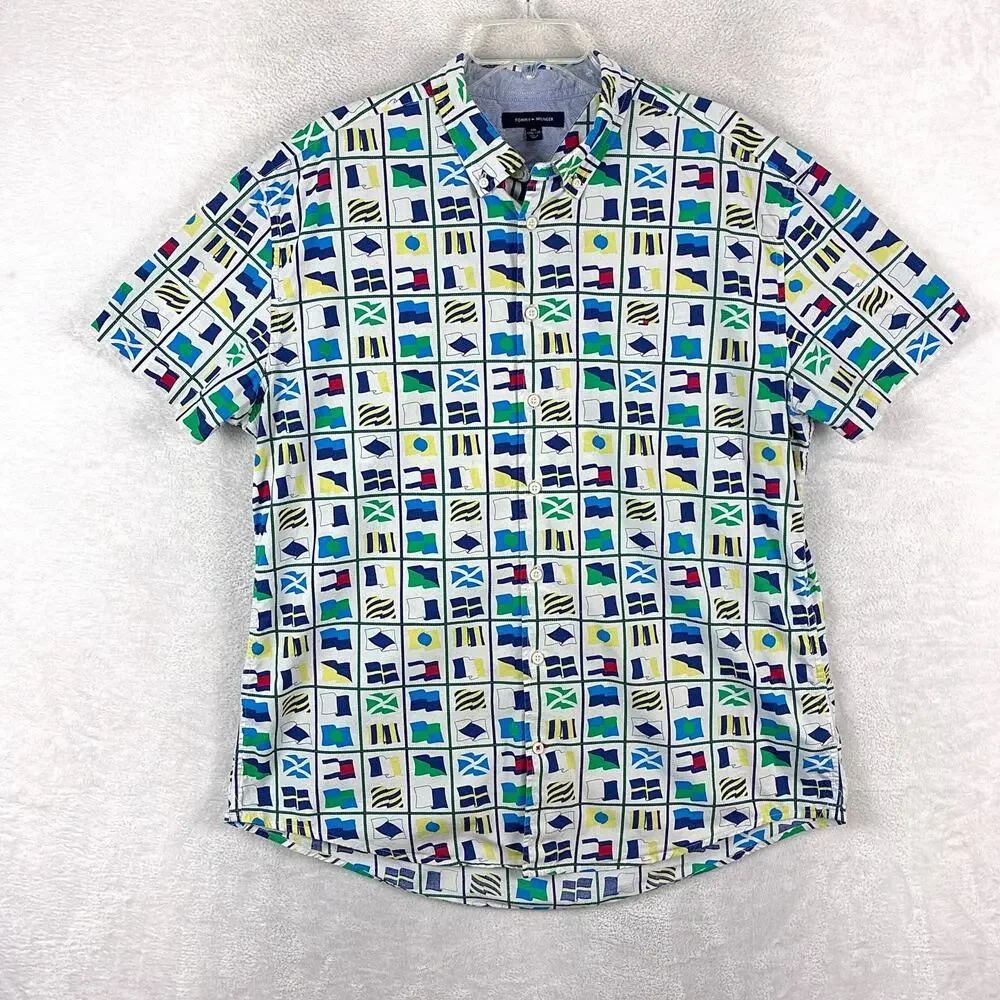 VTG Tommy Hilfiger Camp Shirt Mens XXL Multicolor Nautical Flag AOP Preppy Beach